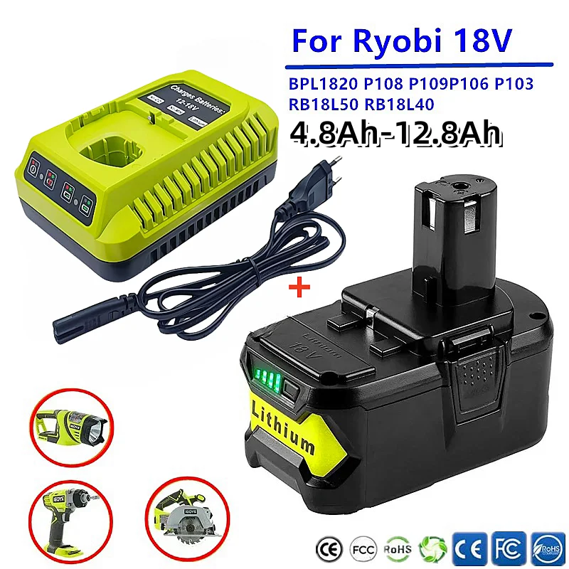 MKEPA 18V battery 12800mAh Li-On rechargeable For Ryobi Hot P108 RB18L40 Rechargeable Battery Pack Power Tool Battery