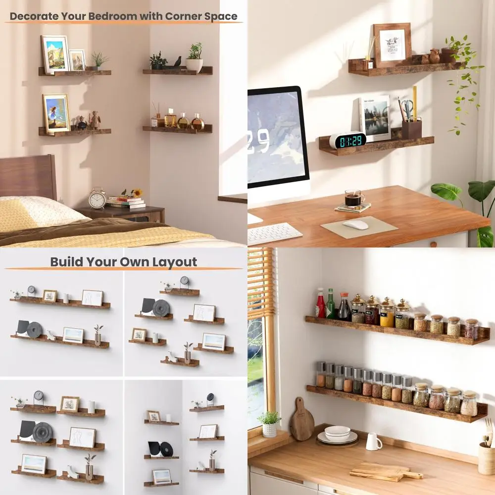 

Набор из 6 коричневых настенных деревянных полков для домашнего декора и хранения в спальне, гостиной и кухне