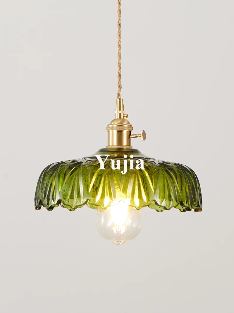 Vintage Green Glass Pendant Light Fixture Antique Brass Accent Hanging Lamp with Multi-Shape Fluted Shade for Kitchen Island