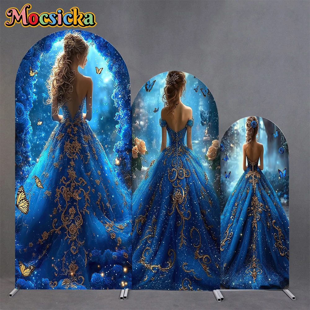 Mocsicka Arch Backdrop Double-Sided Children Girl Princess Birthday Party Arched Covers Background Blue Rose Decors Studio Props