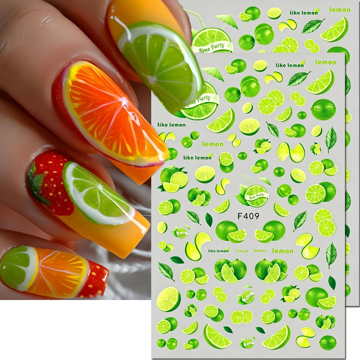 2-Sheets Summer Fruits Green Lemons 3d Nail Stickers Nail Decals Decorated For Manicure DIY