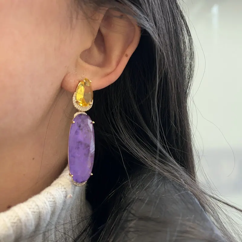Bilincolor Fashion Yellow and Purple Cubic Zirconia Earring for Women Jewelry