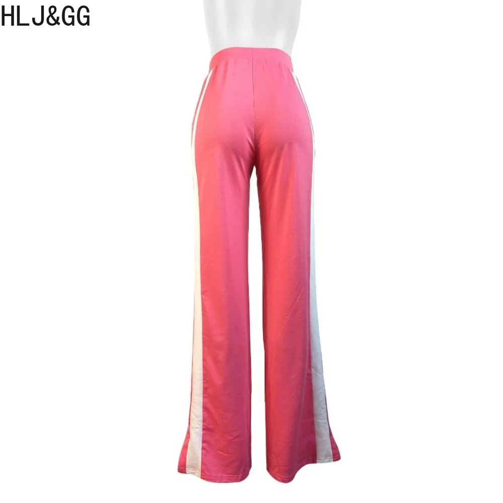 HLJ&GG Casual Stripe Stitching Drawstring Loose Wide Leg Pants Women High Waisted Sporty Straight Trousers Fashion Home Bottoms