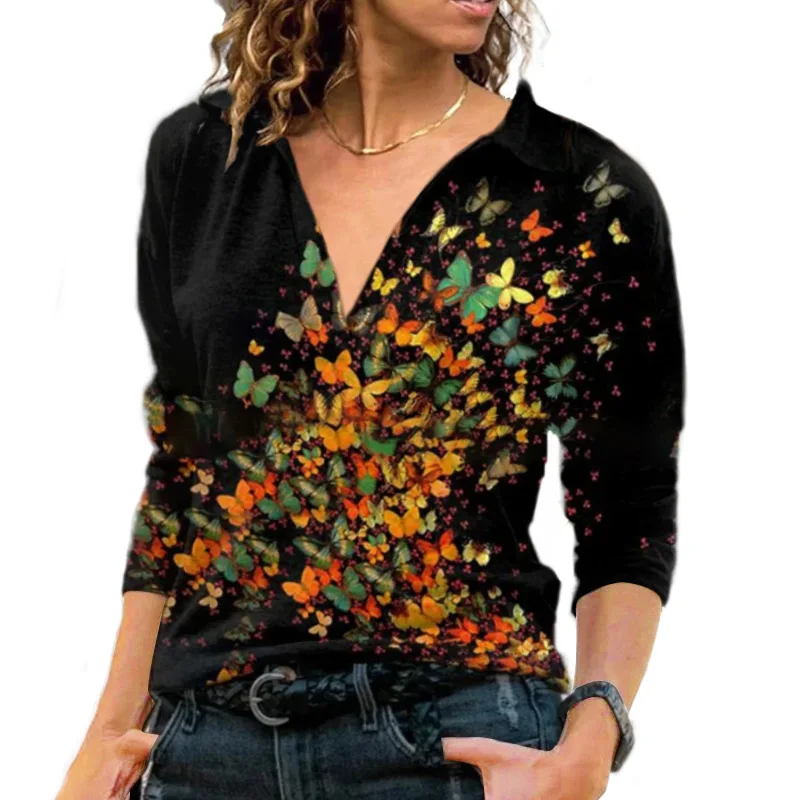 New Autumn Loose blouse for unisex High Strecth vintage printed V lapel long sleeve Casual Street T-shirt top