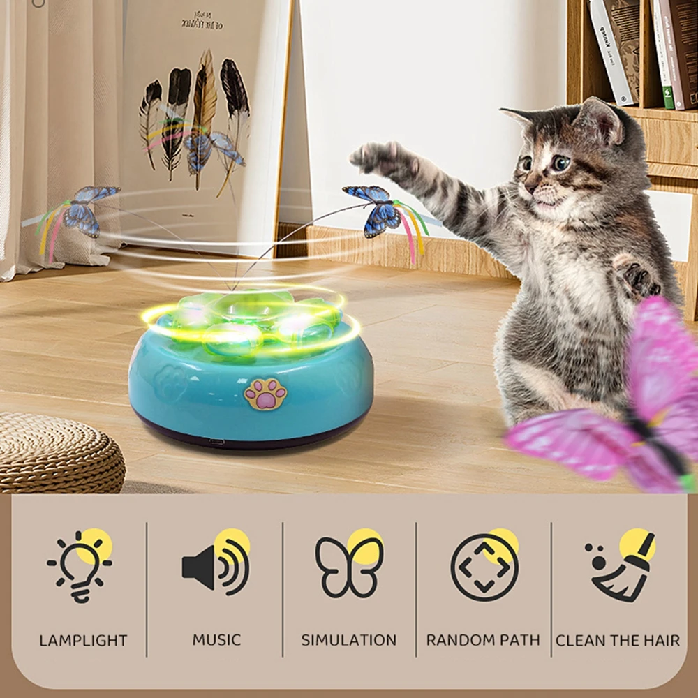 Interactive Cat Toy Butterfly Funny Electric Rotating Kitten Toy Cat Teaser with Light USB Charging for Indoor Cats Puppy