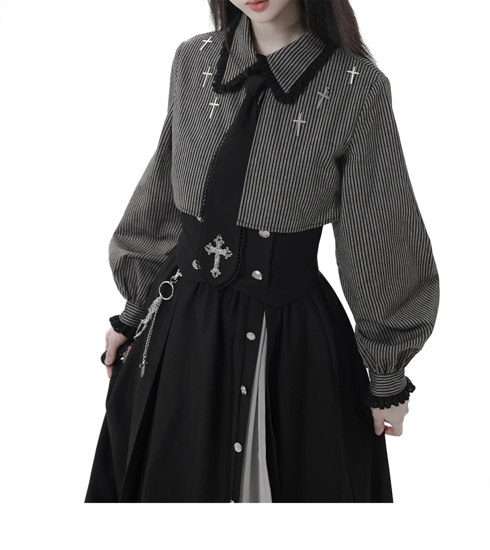 Original College Style Women's Outfits Autumn New 2025 Student Sweet Cool Gothic Long Sleeve Striped Shirt Skirt Waistband Set