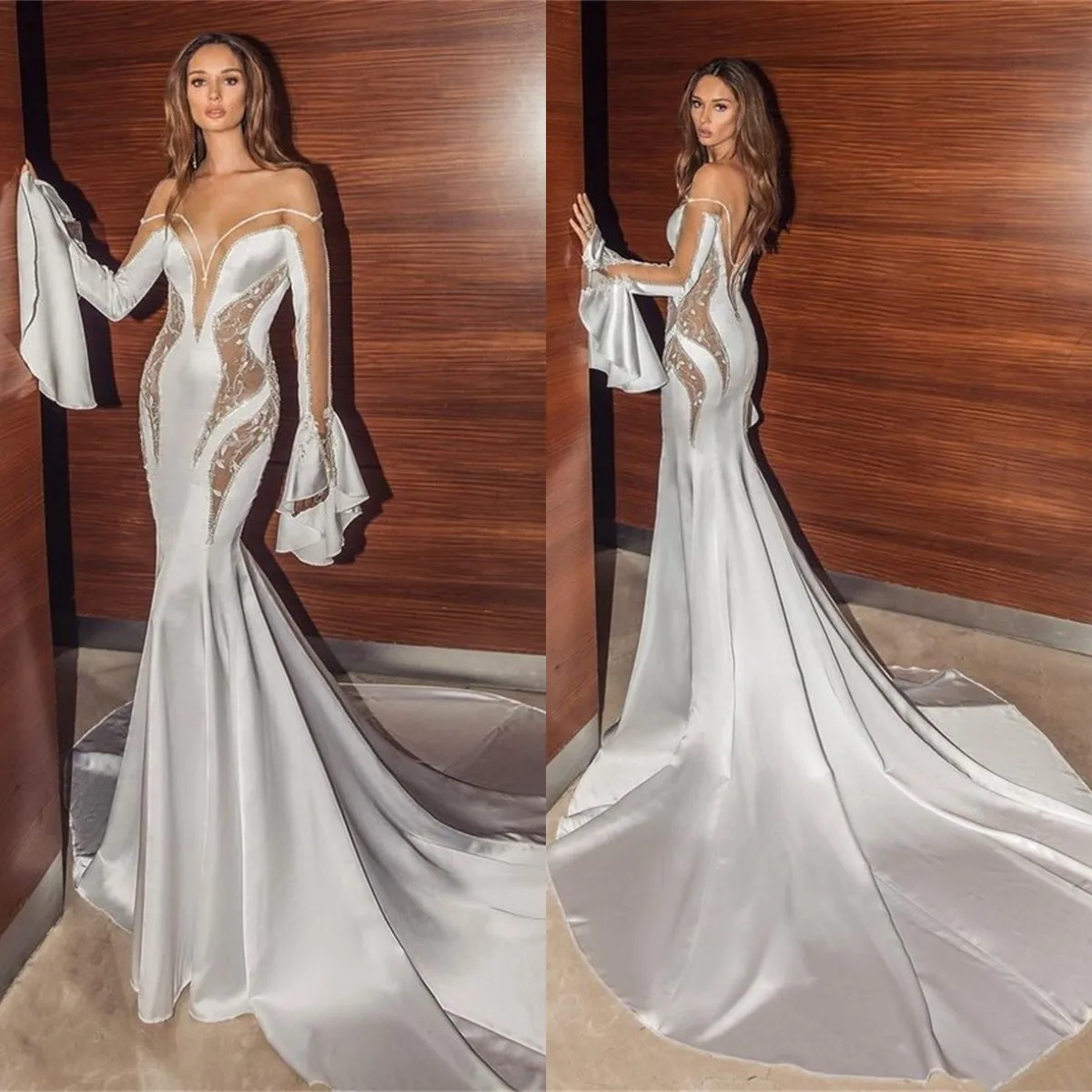 Chic Mermaid Wedding Dress Sheer Neck Full Flare Sleeves Lace Satin Bridal Gown Custom Made Church Zipper Back Robe de mariée