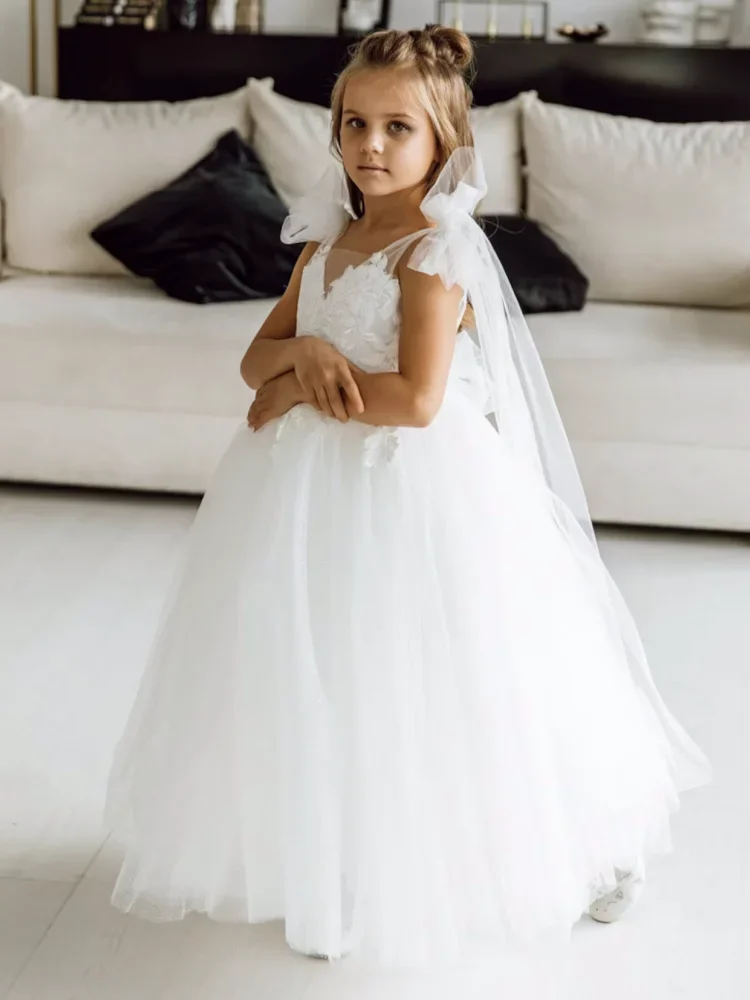 Con coda e spalla con fiocco senza maniche per matrimonio, compleanno, abiti da prima comunione, abiti da ragazza di fiori, applicazioni in tulle bianco