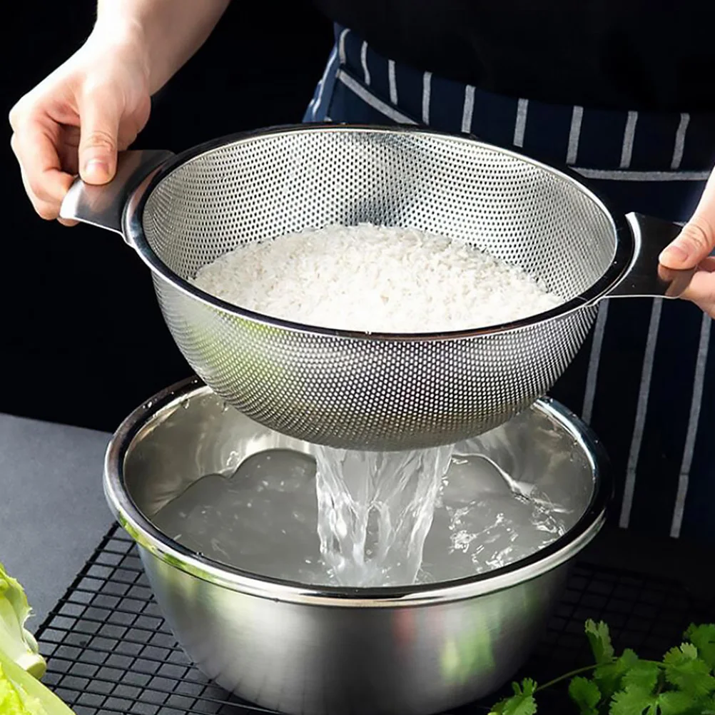 

Stainless Steel Wash Rice Sieve Drain Basket Fruit Vegetable Egg Liquid Kneading Storage Kitchen Strainer Multipurpose