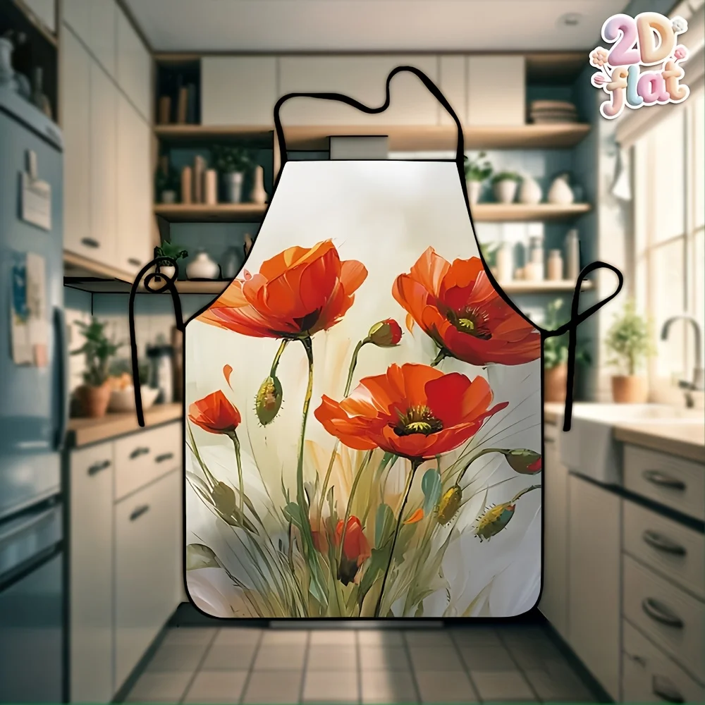 1pc Apron, Reusable, Featuring A Red Poppy Bouquet Pattern, Suitable For Kitchen And Dining Room, Simple, Lightweight, For Grill