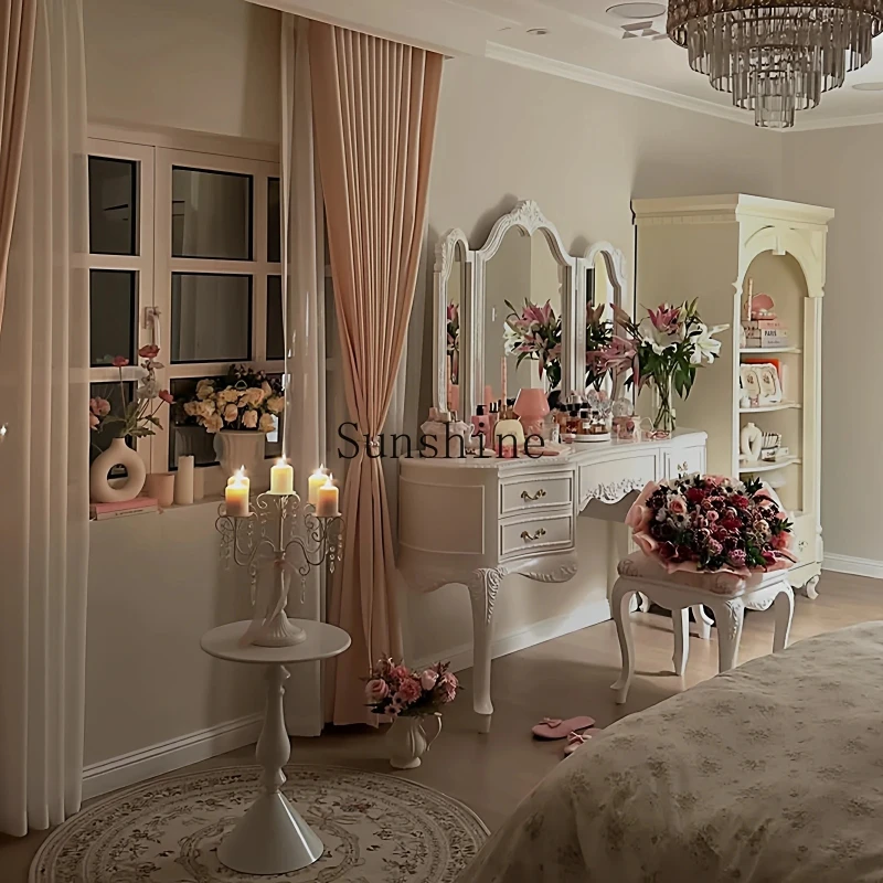 

French beige master bedroom solid wood carved princess table dresser integrated makeup mirror