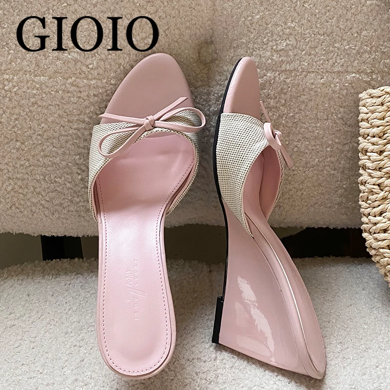 

GIOIO Fashion Bow Pumps Women High Heels Shoes New Summer Female Slides Wedge Heel Slipper Sandals Pointed Toe Ladies Shoes