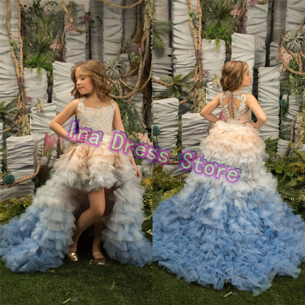 Gorgeous Quality Layering Flower Girl Dress Blue Tulle Fluffy For Wedding Party Princess Little Girls Birthday Evening Gowns