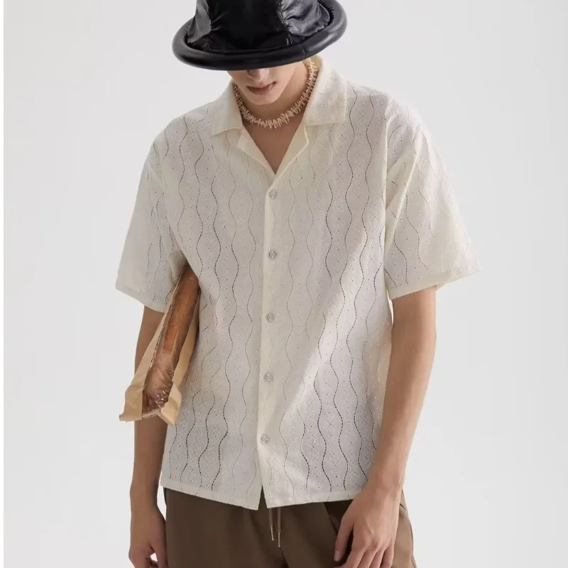 Men's Vintage Short-Sleeve Solid White Shirts Cuban Collar Niche Design Retro Loose Beach Shirt For Couples