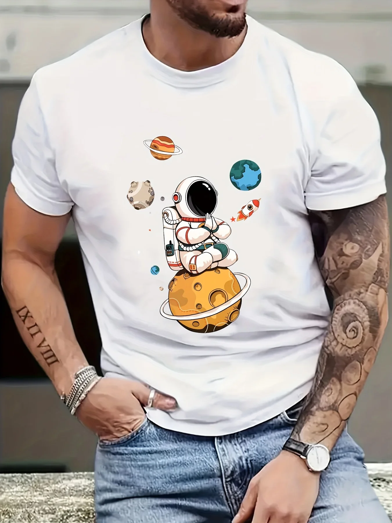 Men\'s 100% cotton summer loose size Cartoon Astronaut Planet printed slim fit casual sports round neck short sleeved T-shirt top