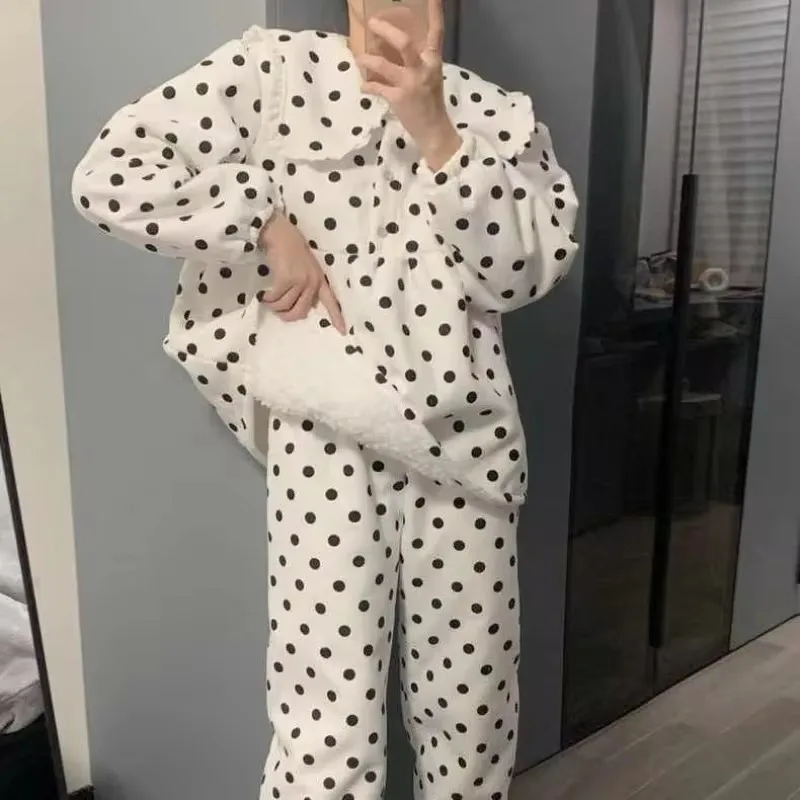 

Clamping Pajamas Female Cute Doll Collar Wave Point Loungewear Extra Large Size 120 Kg Can Be Worn Outside Korean Version Cotton