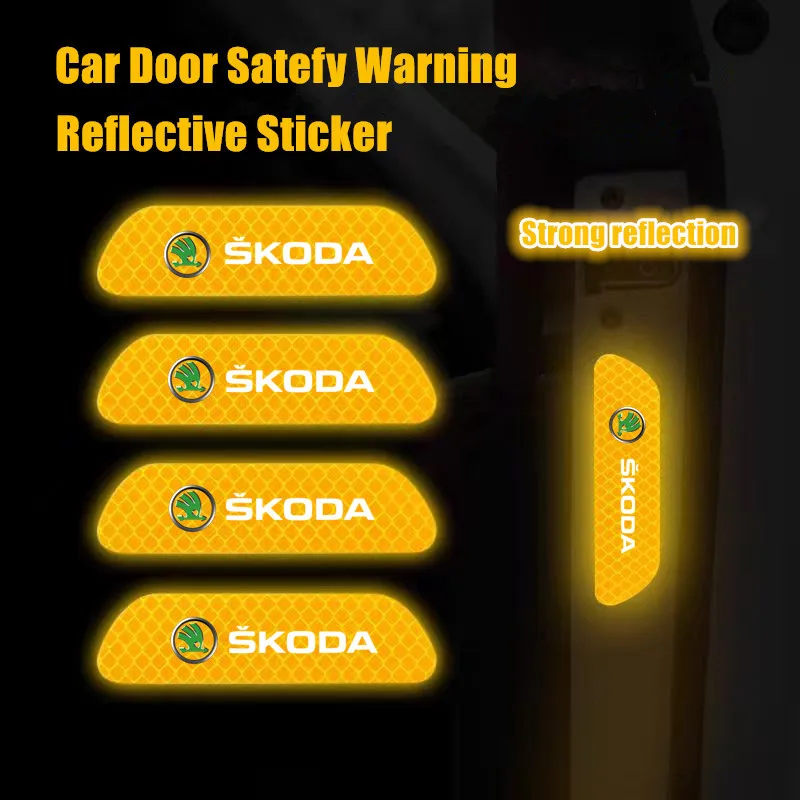 4PCS Car Door Sticker Safety Warning Reflective Mark For Skoda Octavia A5 A7 RS Fabia Superb Accessories