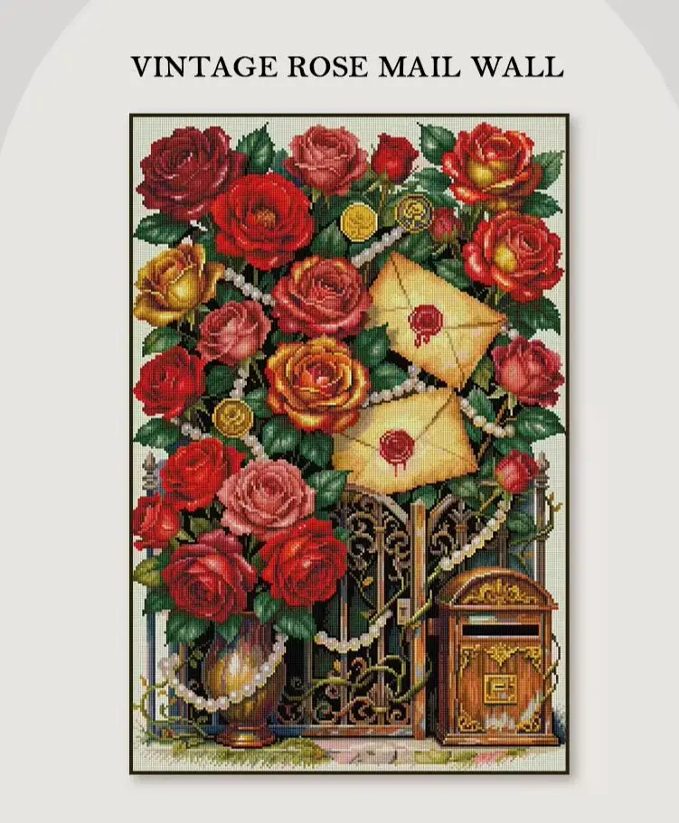 Vintage Rose Mail Wall Diamond Painting Kit, Square Resin + AB + Fairy Dust + Metallic Diamonds, Silk Flocking Canvas 50×75cm.