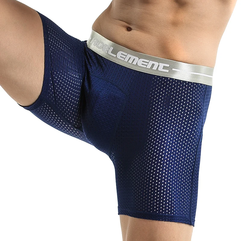 ملابس داخلية رياضية احترافية للرجال سراويل بوكسر طويلة مضادة للارتداء من الحرير الجليدي مجوفة قابلة للتنفس سريعة الجفاف والجري وساق طويلة