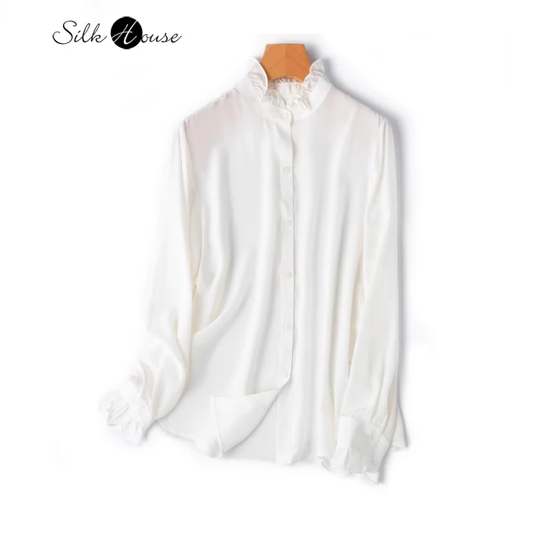 

2024 Women's Fashion New 100%Natural Mulberry Silk 04Crepe De Chine White French Ear Collar Long Sleeved Shirt