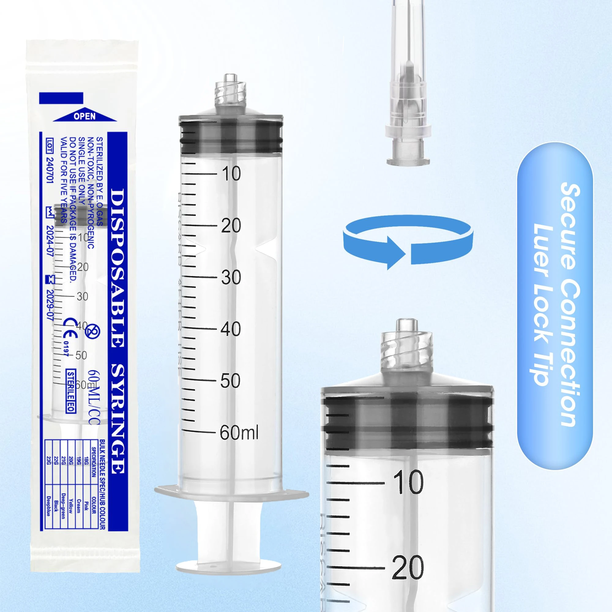 25pcs 60ml Large Capacity Luer Lock Syringe Plastic Reusable for Plant Injection Daily Household Industrial Use Glue Dispenser