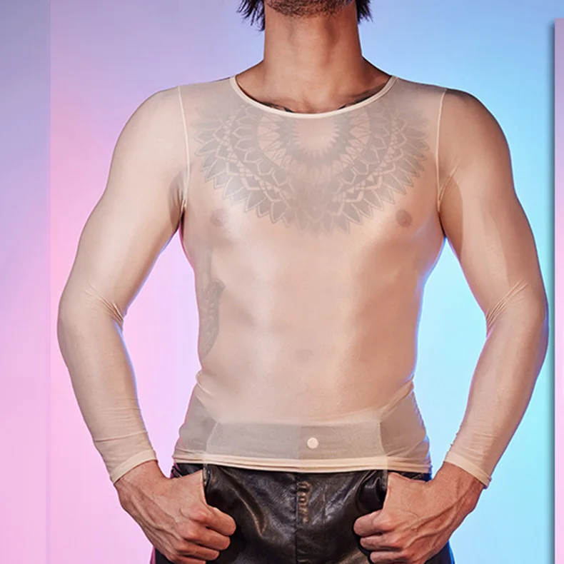 Crew Neck Long Sleeve See-through Tight T-shirt Men's Sexy Nightclub Breathable Top Bottoming Shirt Men's Performance Clothes