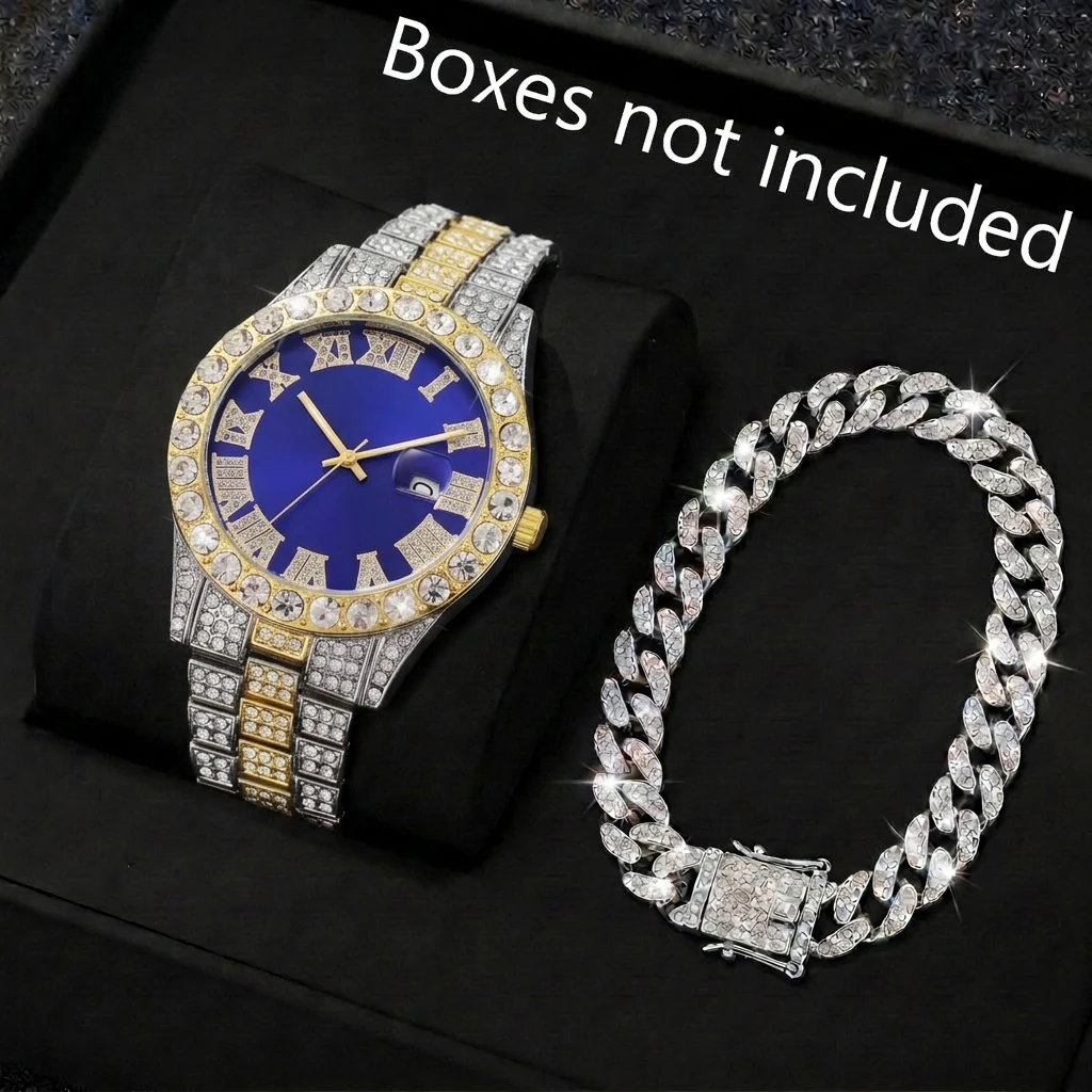 2PCS Luxury Rhinestone Men Watches Jewelry Set Roma Dial Calendar Quartz Watch Cubain Chain Bracelet Reloj Hombre(Without Box)