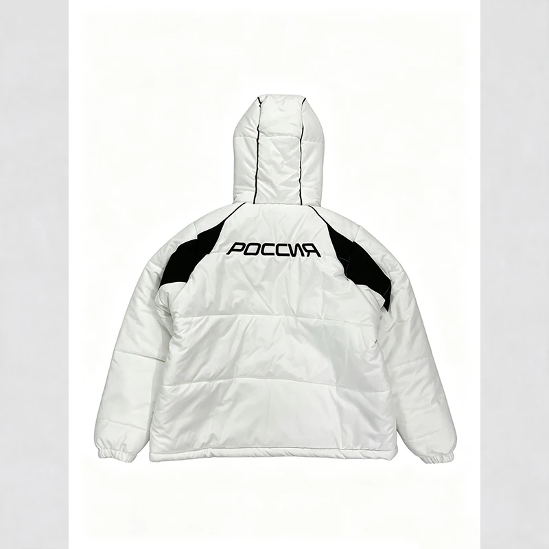Retro Printed Zipper Gothic Patchwork Unisex Down Jacket, Winter Warm Street Style Hooded Casual Outerwear