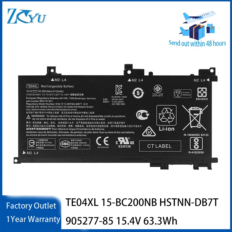 Batería para portátil TE04XL para HP Omen 15-AX200 Omen Pavilion 15-BC200NB HSTNN-DB7T 905277-85 etc. 15.4V 63.3Wh
