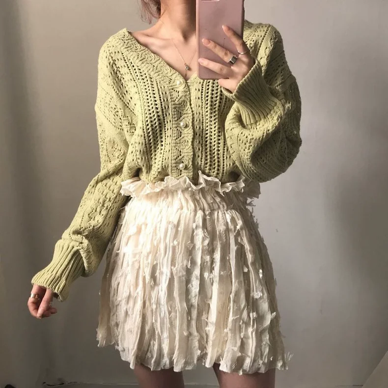 Cárdigan de punto de manga larga para mujer, informal, coreano, liso, con cuello en V, suéter de ganchillo de estilo perezoso Retro elegante para primavera y otoño