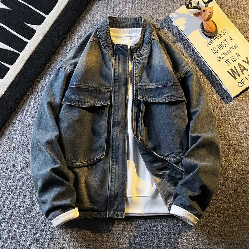 

Men Blue Denim Jacket Spring Autumn New Casual Loose Vintage Versatile Large Pocket Coats American High Street Zipper Tops