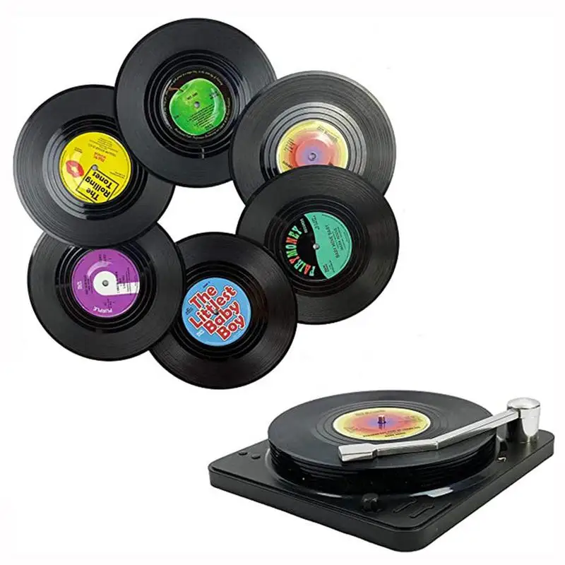 Set of 6 Vinyl Coasters for Drinks Music Coasters with Vinyl Record Player Holder Creative Retro Record Disk Coaster Mug Pad Mat view 5