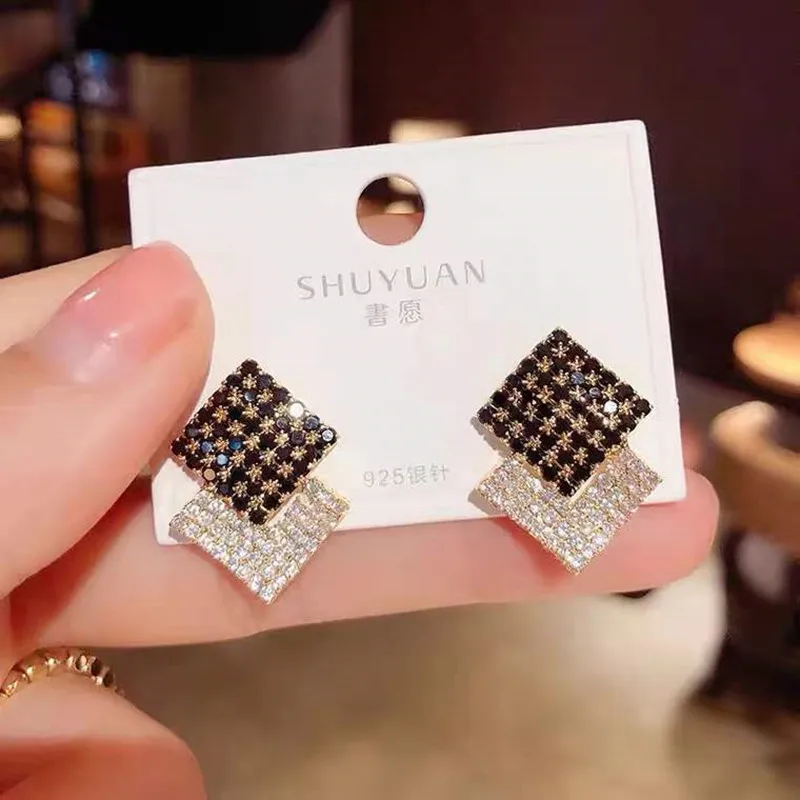 Black White Square Big Full Crystal Rhinestone Stud Earring for Women New Geometry Transparent Jewelry Christmas Girl Gift