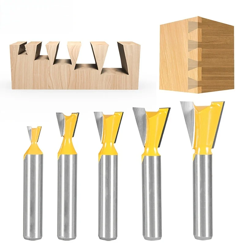 5-Piece Set of 8mm Shank Woodworking Router Bit, Small Dovetail Cutter, V-Groove Carving Cutter, Slotting and Grooving Tool