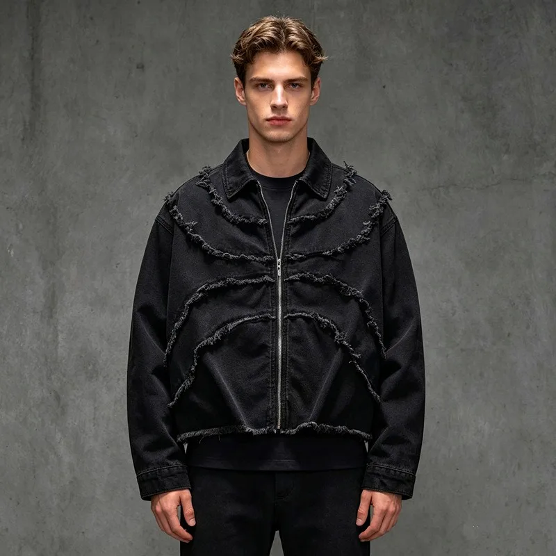 Men Y2K Black Deconstructed Denim Jacket Fringe Raw Edge Zipper Front Oversized Streetwear Jean Outerwear