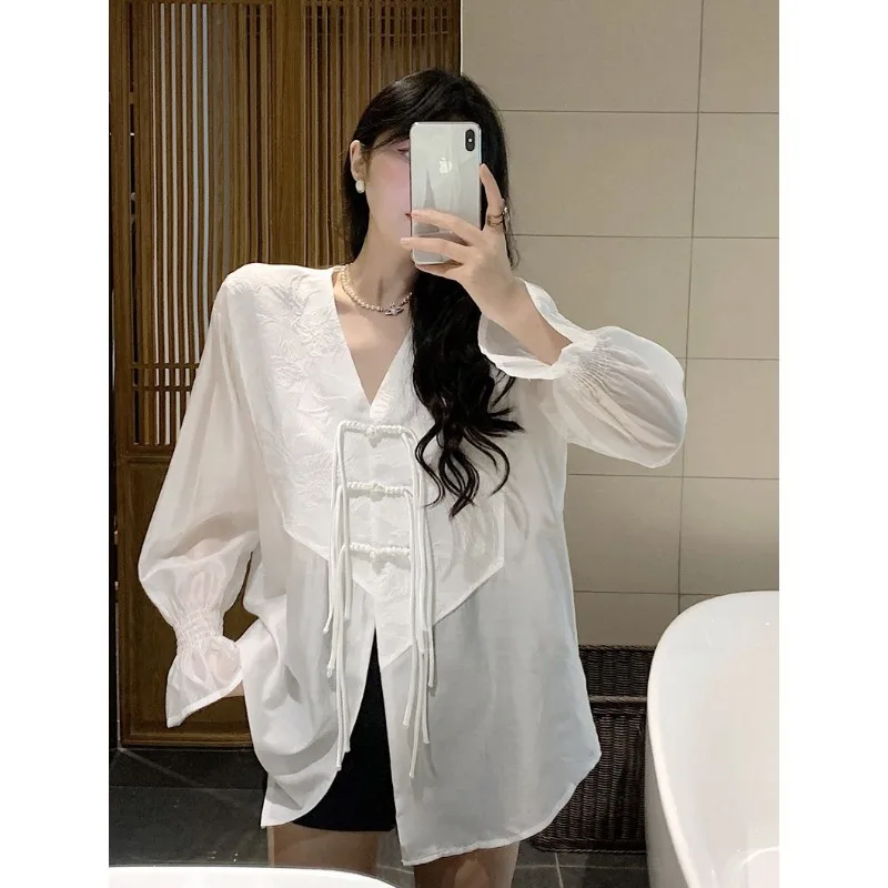 Vintage V-neck Single-breasted White Shirt Women Silk Blouse Flared Long Sleeve See-through Chic Summer Tops Mujer Clothing