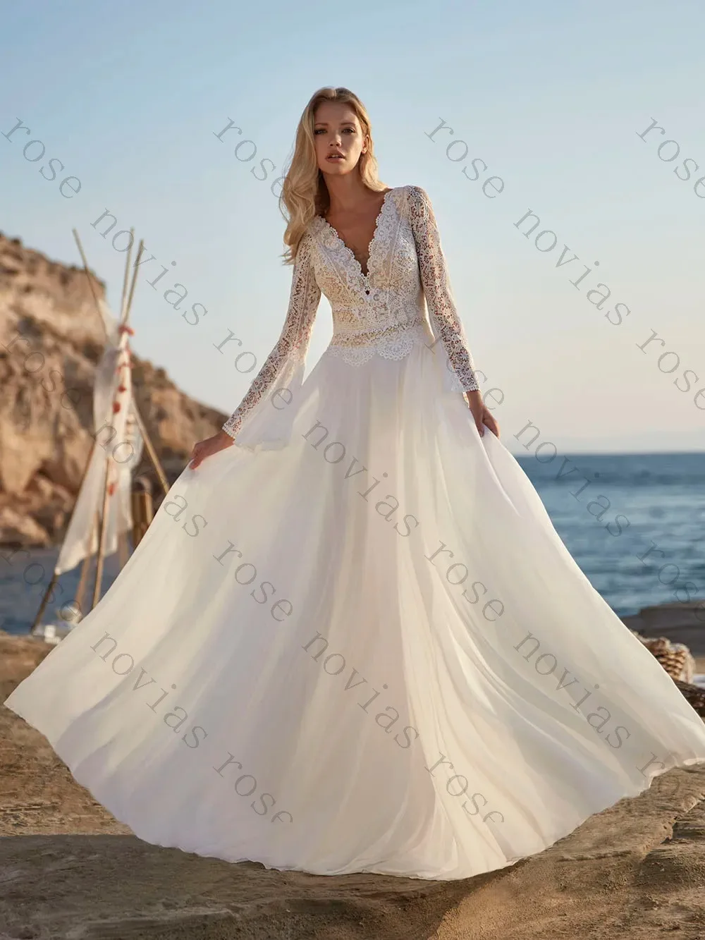 Customized Boho Lace Wedding Dress Deep V Neck Full Sleeve A Line Bridal Gown with Train Beach White Muslim Modest New Arrival