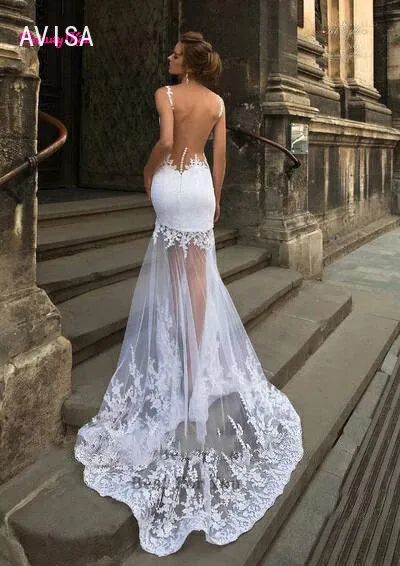 Modern Short Mermaid Wedding Dress with Detachable Train Three Pieces 3 in 1 Lace Applique Sheer Neck Backless vestidos de novia