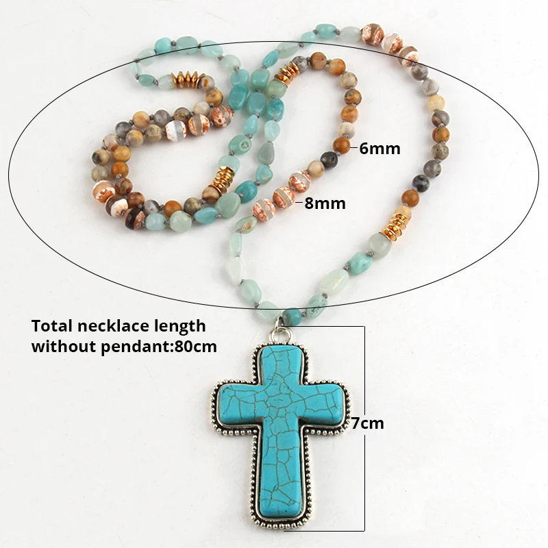 RH Fashion Jewelry Accessory 6mm Natural Stones Beads Knotted  Cross Charm Pendant Necklaces For Festival Gift Dropship