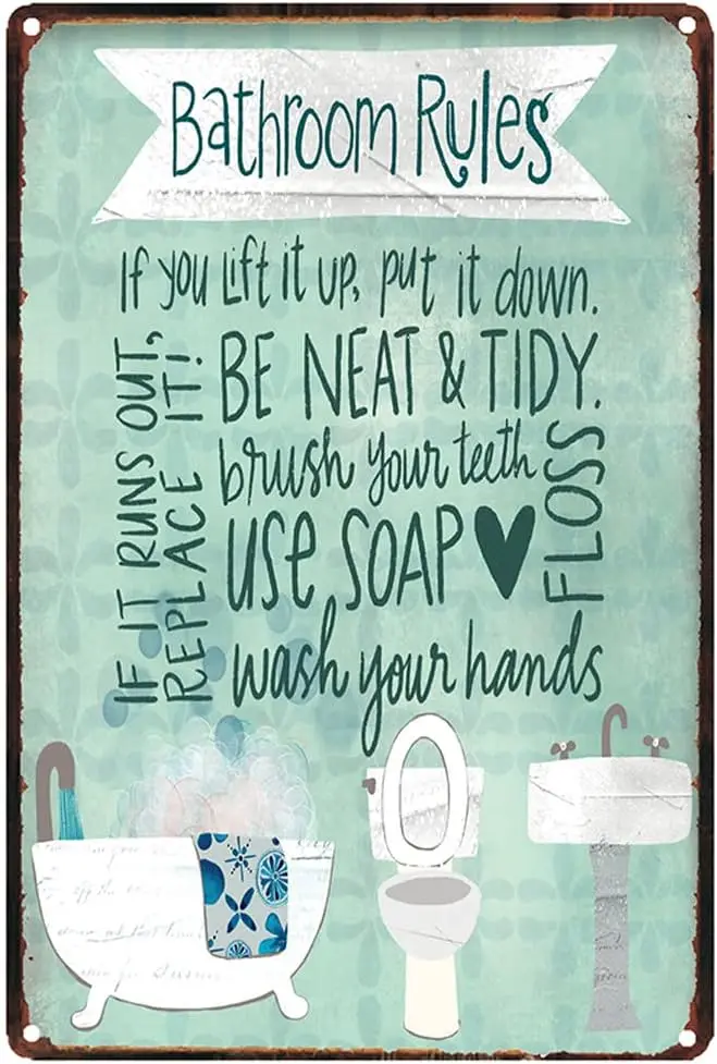 Bathroom Rules Vintage Wall Decoration Tin Metal Signs Artwork - A Gift for Friends Original Vintage Design Tin Metal Wall Art P