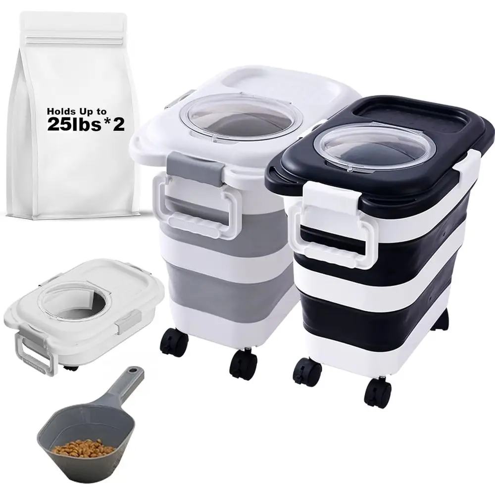 

25 lbs Dog Food Storage Container, Collapsible with Scoop, Pet/Dog/Cat/Bird Food/Cat Litter Storage, Keep Dry, Easy to Move (Bla
