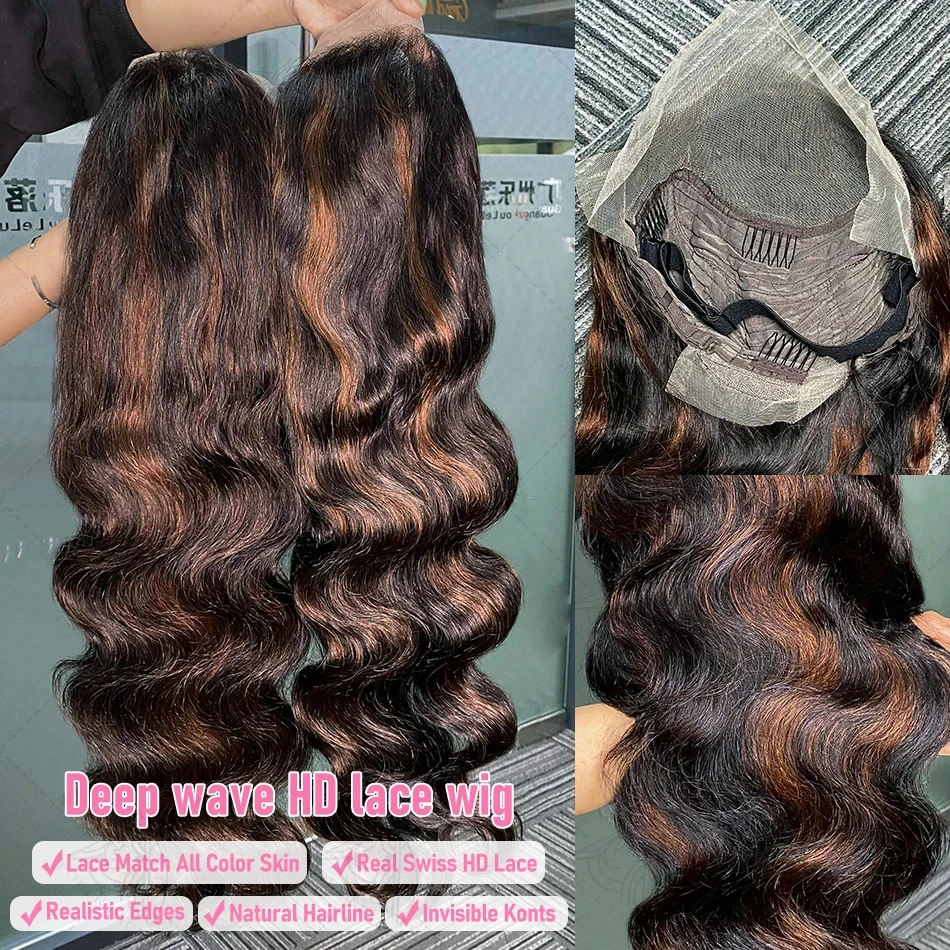 

Peruvian Hair P1B/30 Black Brown Body Wave 13x6 HD Lace Front Human Hair Wigs 220% Water Wave Ombre Highlight Colored 13x4 Transparent Lace Frontal Wig