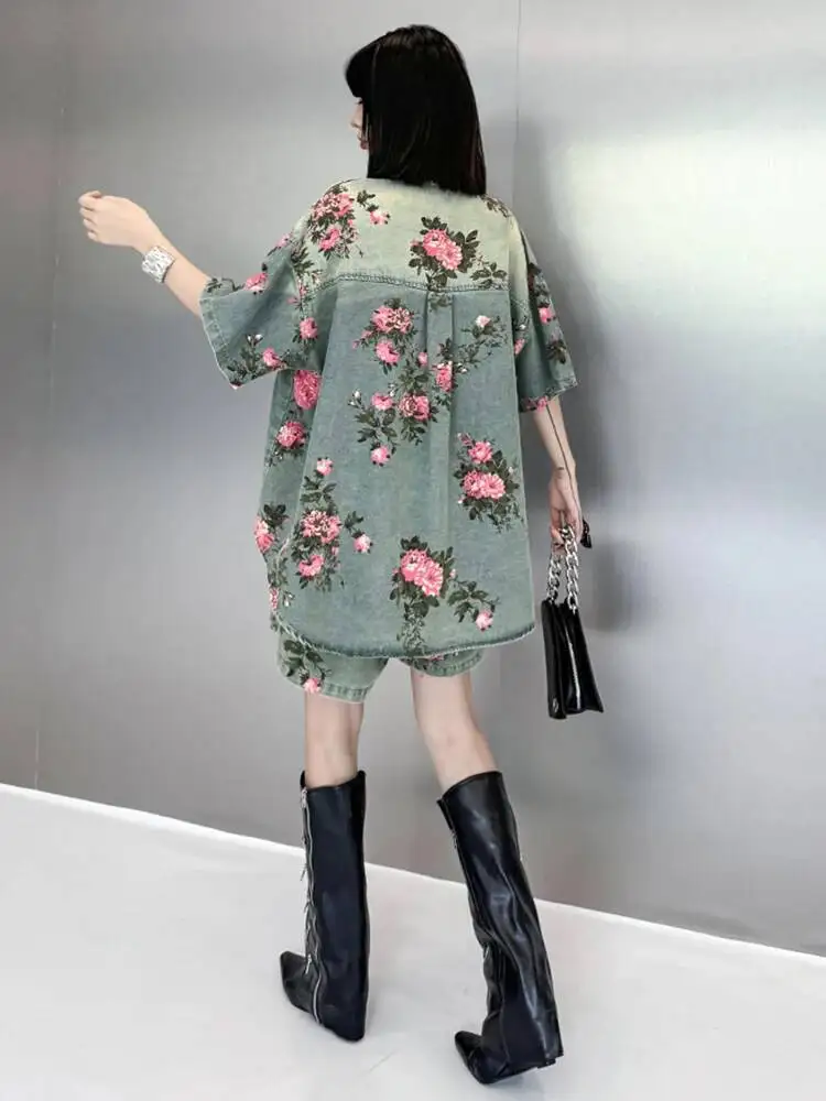 [EAM] Blue Denim Shirt Wide Leg Shorts Two Piece Suit New Lapel Short Sleeve Women Fashion Tide Spring Summer 2025 1DH6138