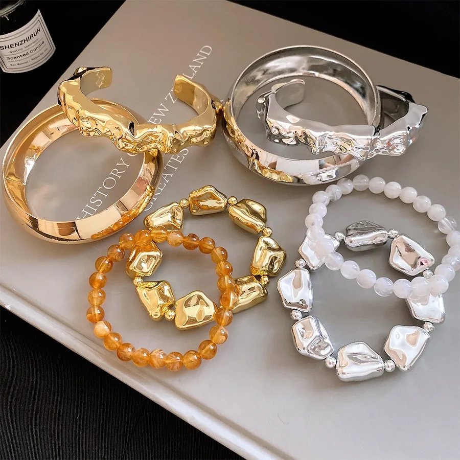 Irregular Molten Metal Bracelet Set Chunky Open Cuff Bangle Beaded Chain Stackable Bracelets Women Party Fashion Jewelry Gift
