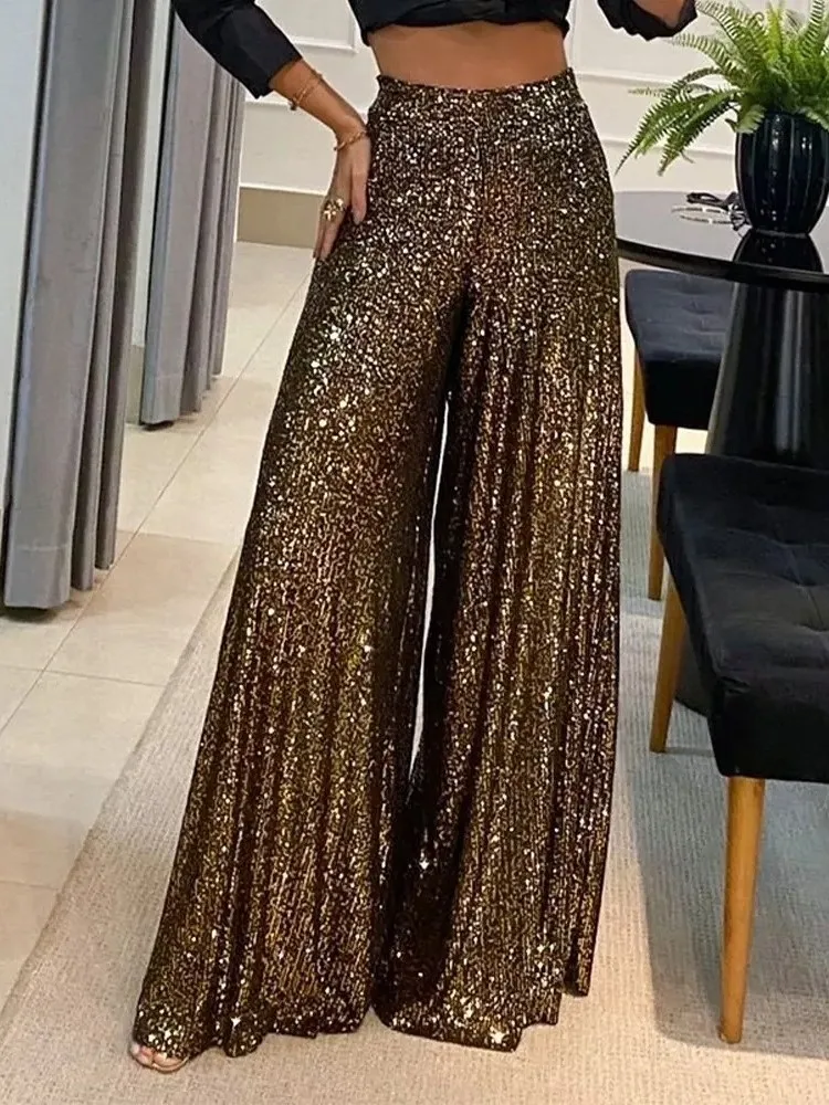 

Women's Fashion Solid Thread Wide Leg Pants High Waisted Trousers Glamorous Party Clubwear Shiny Evening Casual Loose Pants