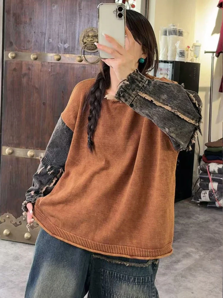 Amax LuluE 2025 Fall Fashion Women Denim Patchwork Sweaters Loose Vintage Knitted Pullover Ladies Casual Big Size O Neck Jumpers