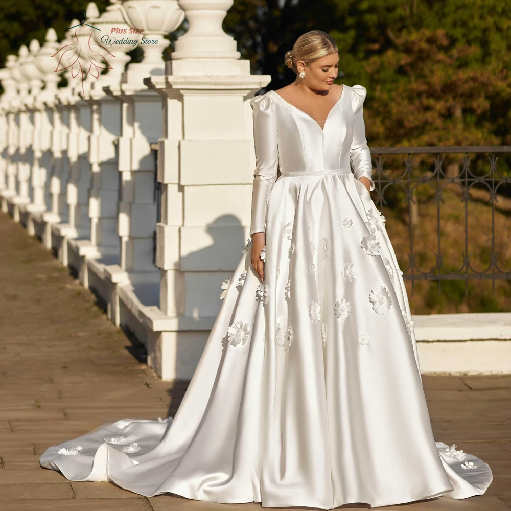 Robe de Mariée Élégante en Satin, Grande Taille, Col en V, Manches sulf, lèvent au Dos, Longueur au Sol, Ligne A