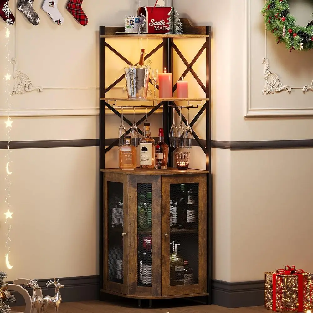 Corner Bar Cabinet with LED Lights, 5-Tier Industrial Wine Bar Cabinet with Glass Holder, Farmhouse Liquor Cabinets with Shelf a