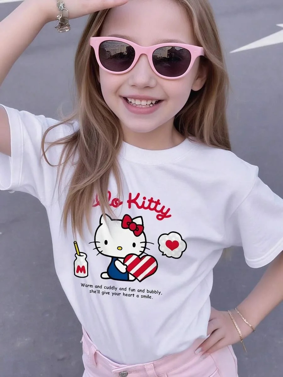 تي شيرت Sanrio Kids' صيفي وخريفي بأكمام قصيرة تي شيرت Hello Kitty 'Sweet & Bubbly' مطبوع Kawaii يجب أن يكون للمراهقين من سن 4 إلى 14 عامًا