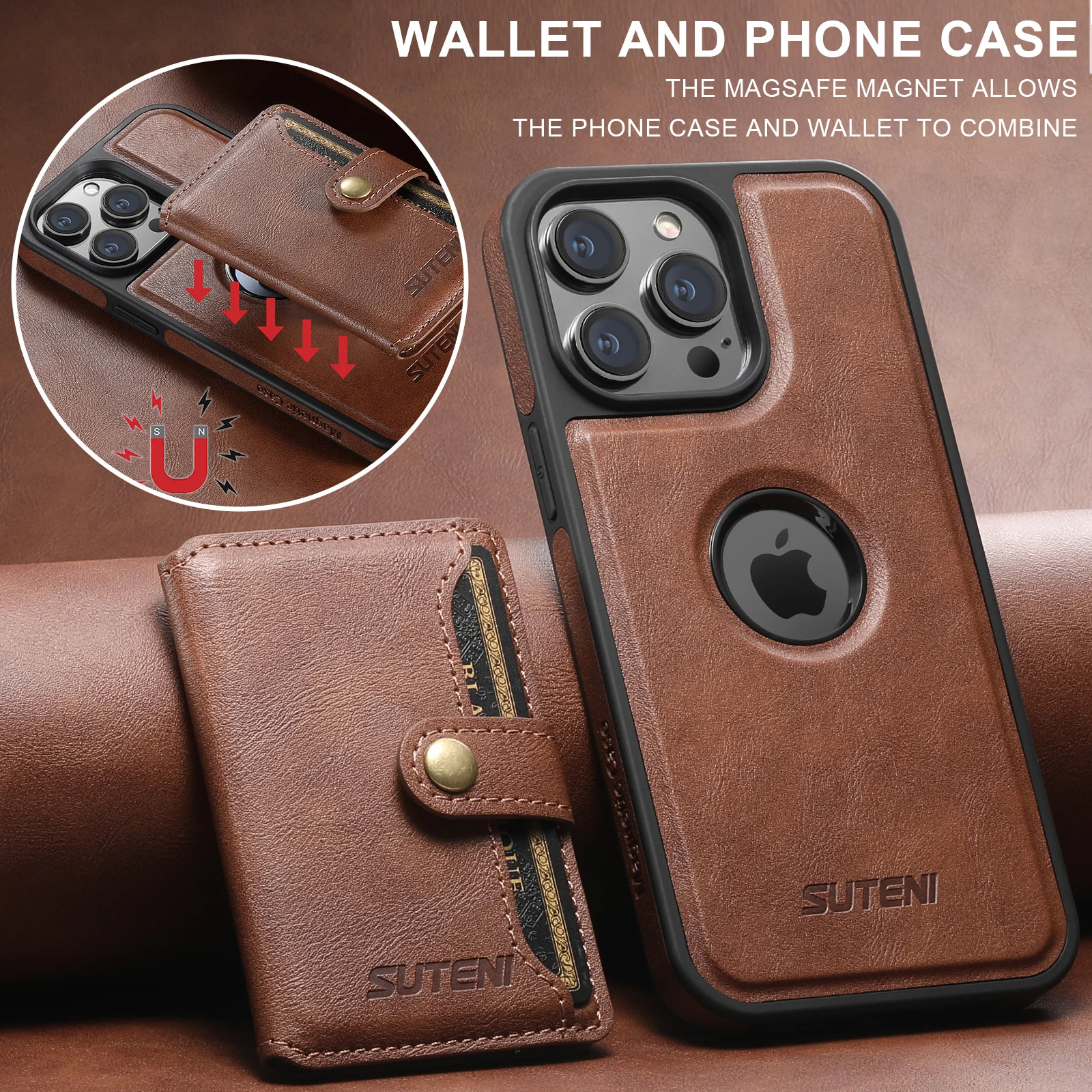 

2in1 Magnetic MagSafe Card Holder Leather Phone Case For iPhone 15 14 12 14 Pro Max 15Plus Detachable Wallet Shockproof Cover